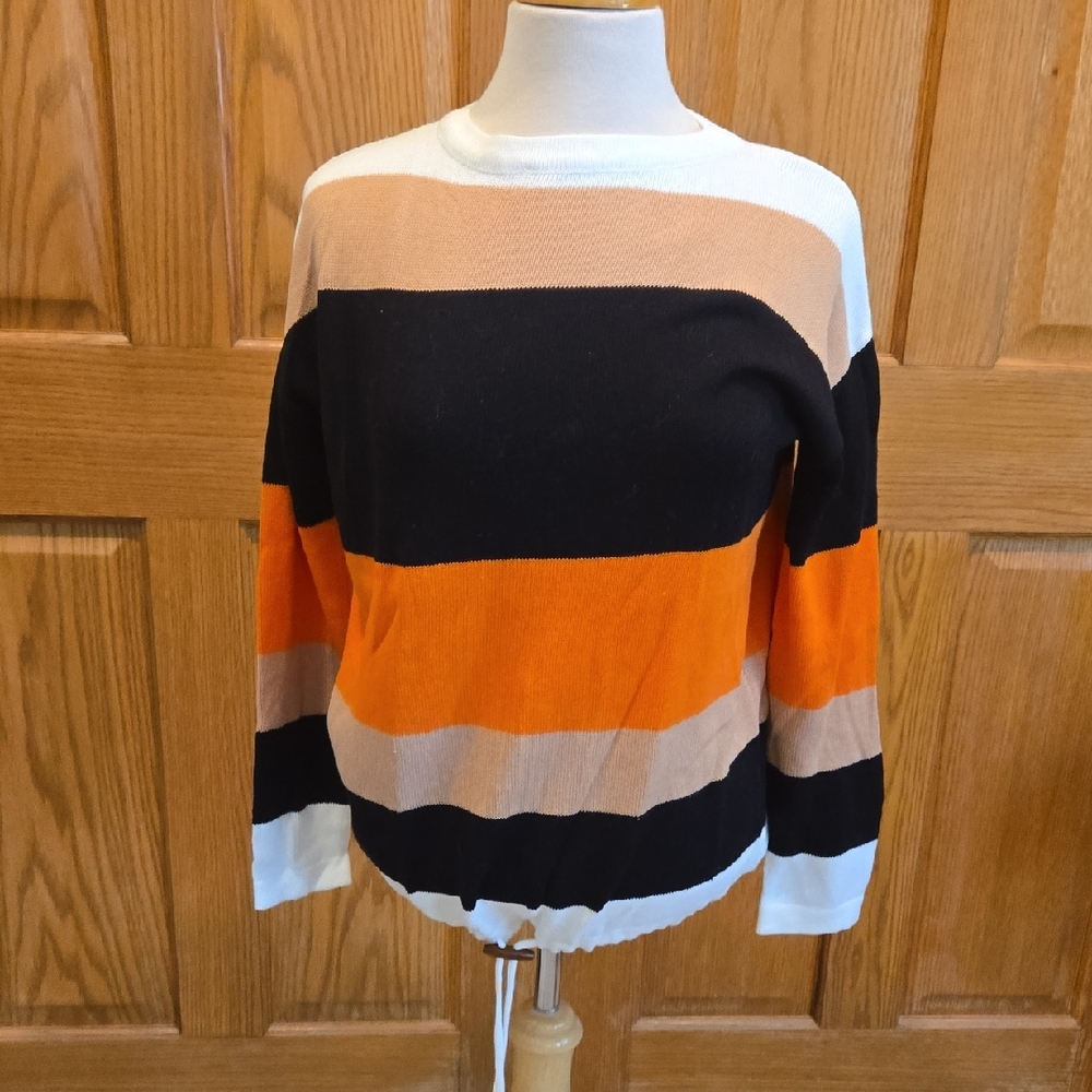 Striped Crewneck Sweater in Orange, Black & Cream - Women's